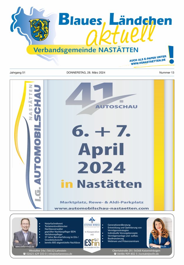 Blaues Ländchen aktuell - Heimat- u Bürgerzeitung VG Nastätten Titelblatt 13/2024