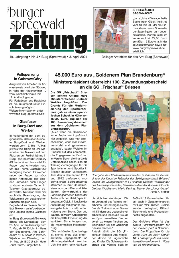Burger Spreewald Zeitung - Amtsblatt für das Amt Burg (Spreewald) Titelblatt 04/2024