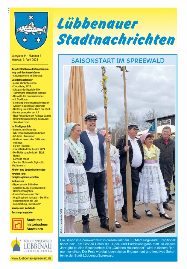 Lübbenauer Stadtnachrichten – Amtsblatt für die Stadt Lübbenau/Spreewald Titelblatt 05/2024