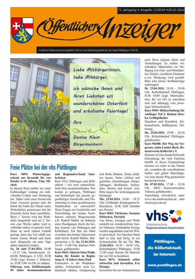 Öffentlicher Anzeiger - Stadt Püttlingen Titelblatt 13/2024