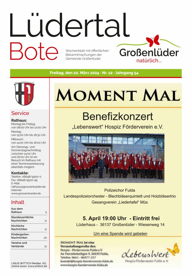 Wochenblatt mit öffentlichen Bekanntmachungen der Gemeinde Großenlüder Titelblatt 12/2024