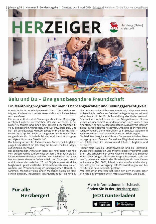 Amtsblatt für die Stadt Herzberg (Elster) mit Bekanntmachungen der Stadt  Titelblatt 05/2024