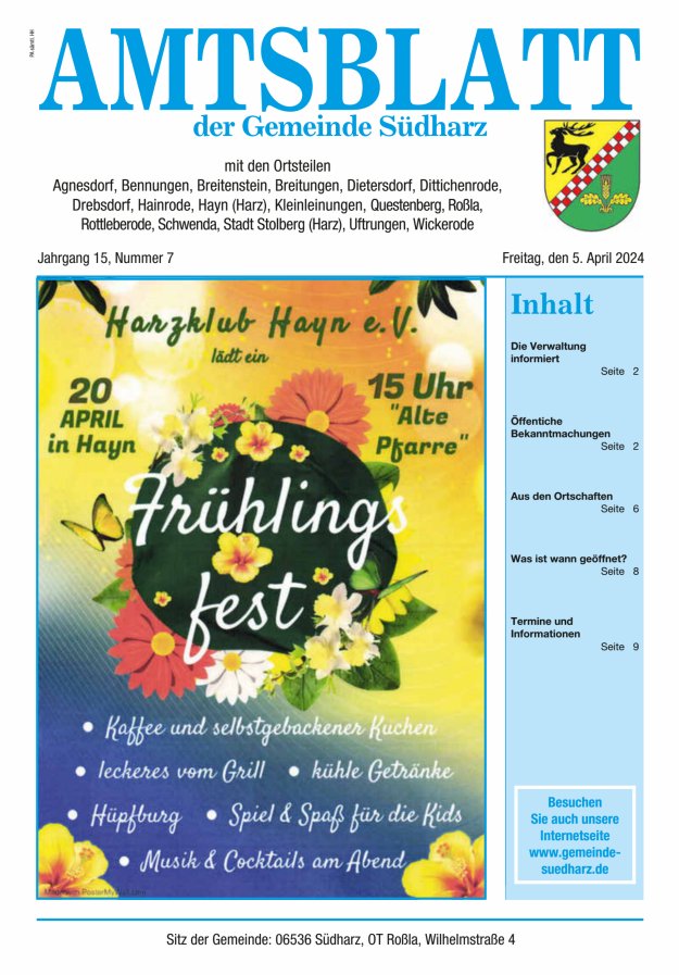 Amtsblatt der Gemeinde Südharz Titelblatt 07/2024