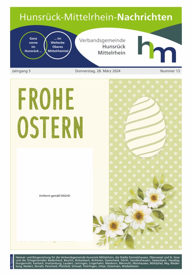 Hunsrück-Mittelrhein Nachrichten Ausgabe St Goar Oberwesel Titelblatt 13/2024