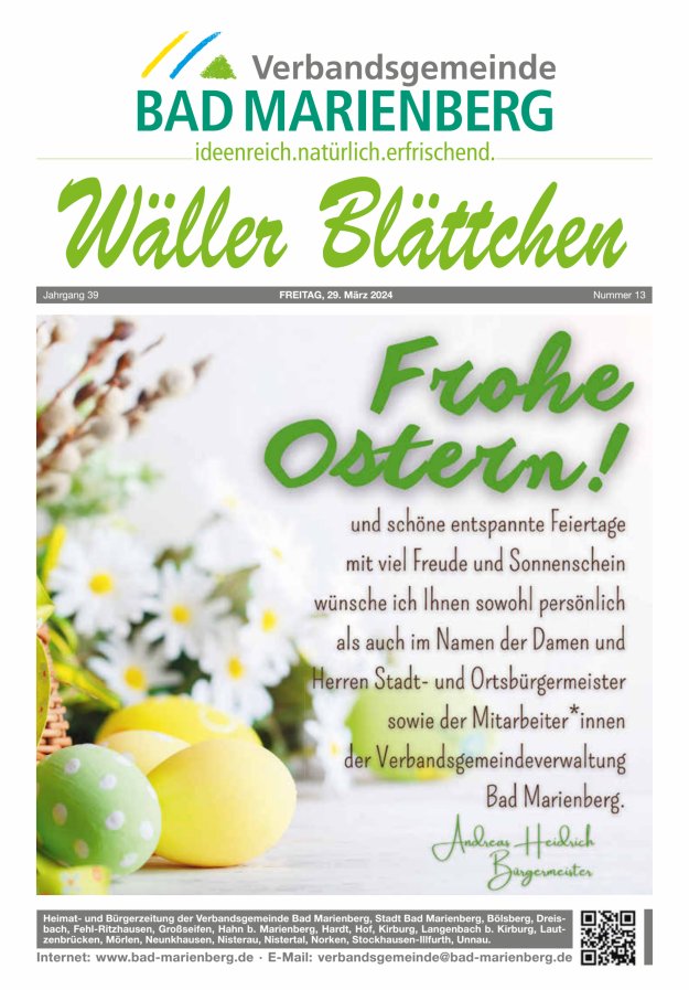 Wäller Blättchen - Verbandsgemeinde Bad Marienberg Titelblatt 13/2024