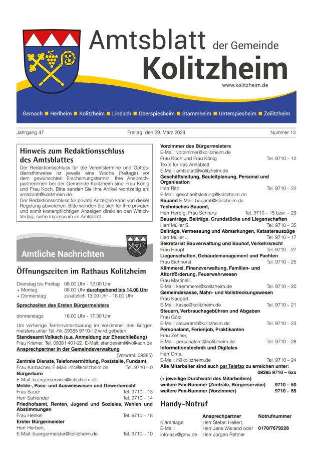 Amtsblatt der Gemeinde Kolitzheim Titelblatt 13/2024