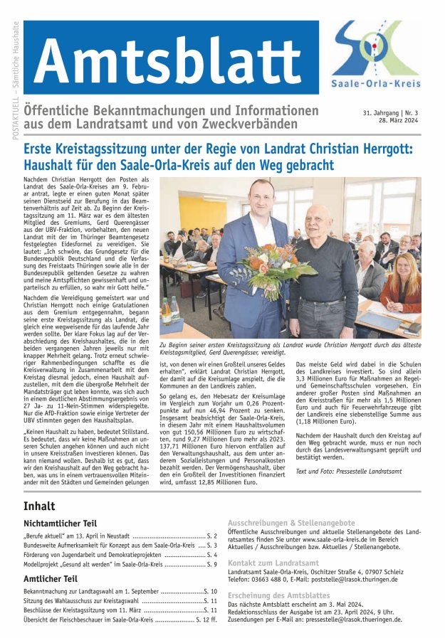 Amtsblatt des Saale-Orla-Kreises Titelblatt 03/2024