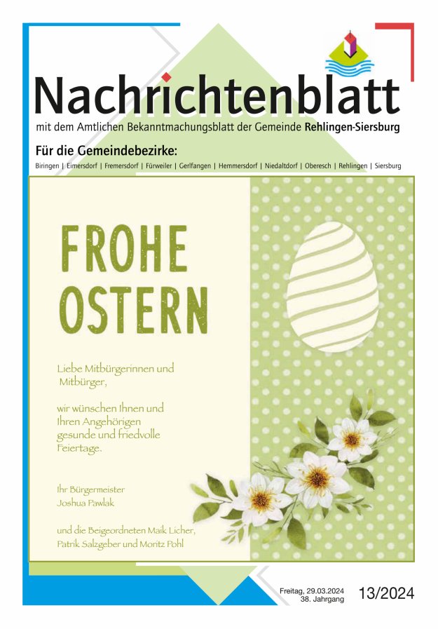 Nachrichtenblatt Rehlingen-Siersburg Titelblatt 13/2024