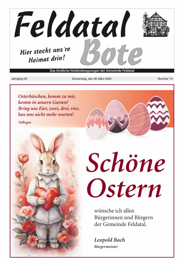Das Amtliche Verkündungsorgan der Gemeinde Feldatal Titelblatt 13/2024