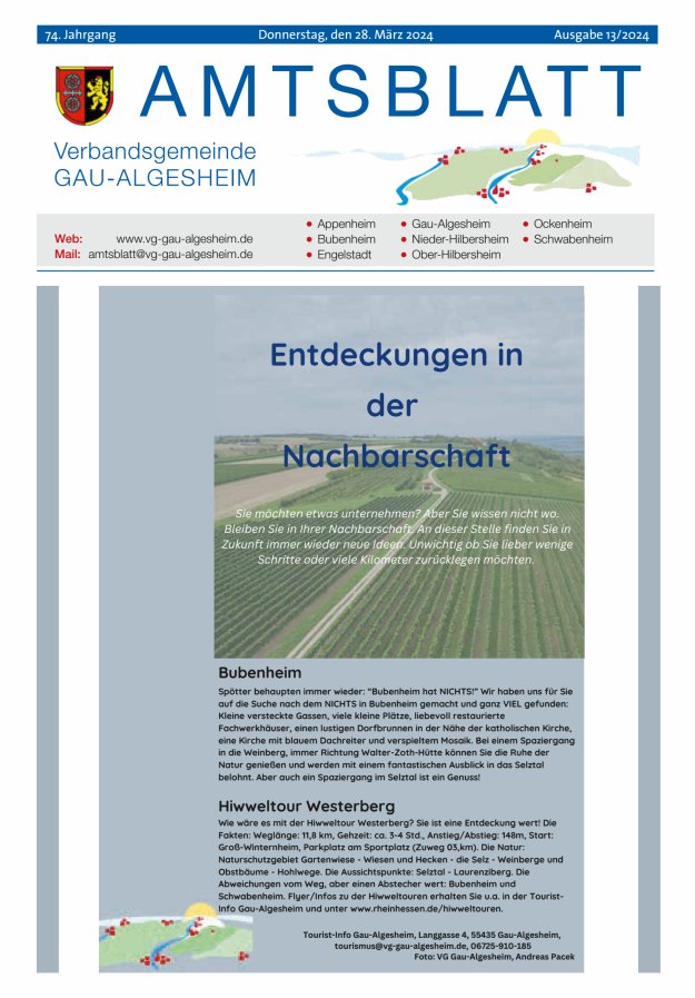 Amtsblatt der VG Gau-Algesheim Titelblatt 13/2024