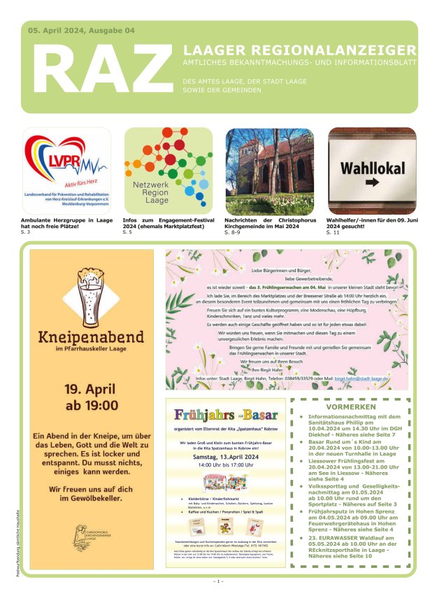 Laager Regionalanzeiger Titelblatt 04/2024