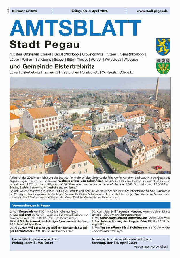 Amtsblatt Stadt Pegau und Gemeinde Elstertrebnitz  Titelblatt 04/2024