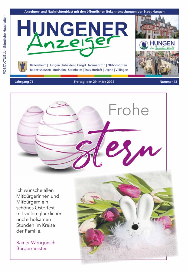 Anzeigen- und Nachrichtenblatt mit den öff  Bekanntmachungen der Stadt Hungen Titelblatt 13/2024