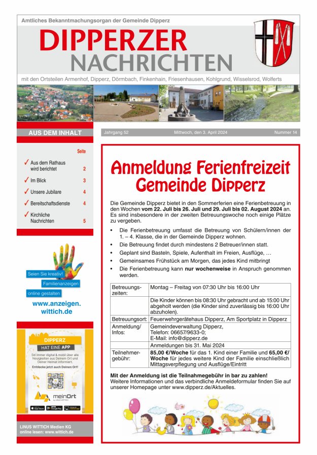 Dipperzer Nachrichten Titelblatt 14/2024