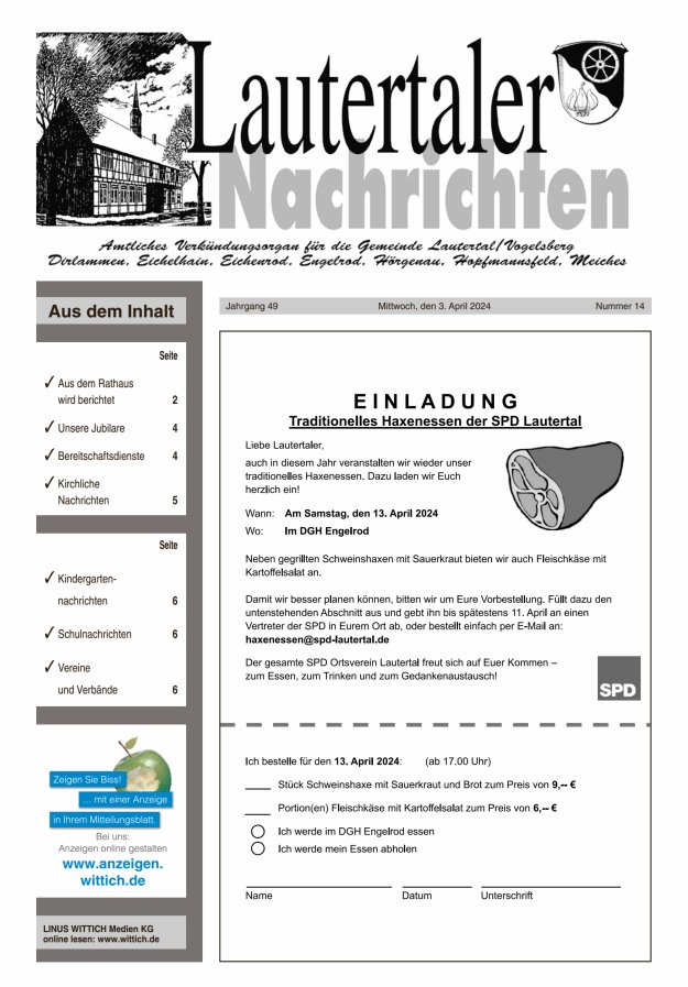 Lautertaler Nachrichten Titelblatt 14/2024