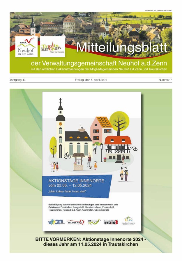 Mitteilungsblatt der Verwaltungsgemeinschaft Neuhof an der Zenn mit den amtlichen Bekanntmachungen der Mitgliedsgemeinden Neuhof an der Zenn und Trautskirchen Titelblatt 07/2024