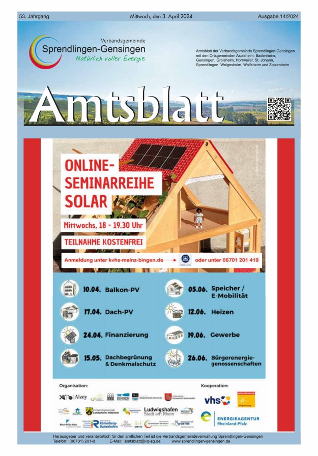 Amtsblatt VG Sprendlingen-Gensingen Titelblatt 14/2024