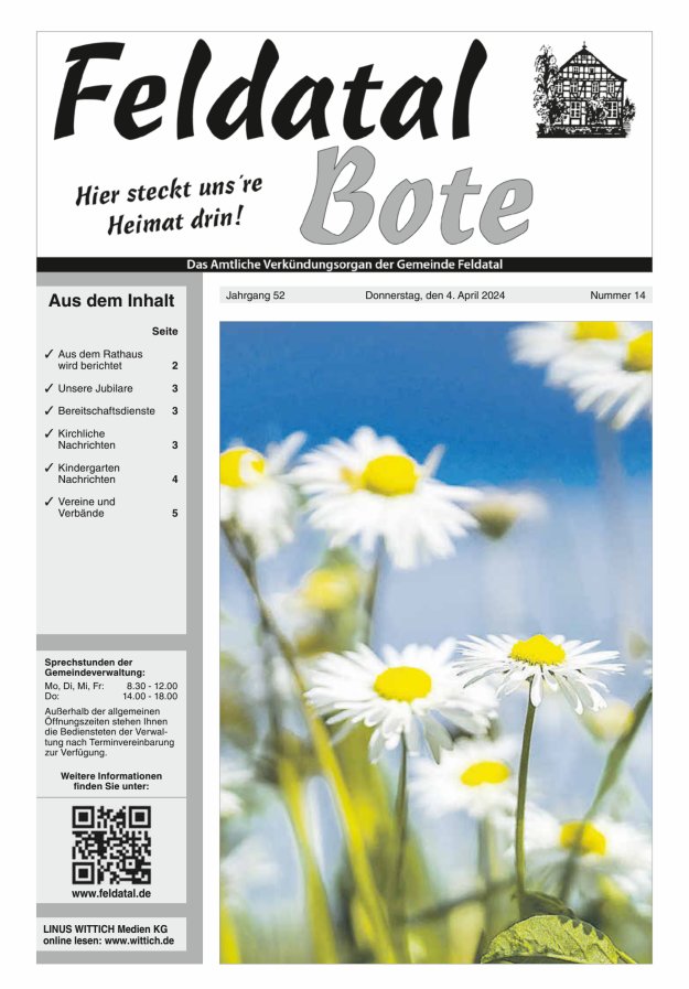 Das Amtliche Verkündungsorgan der Gemeinde Feldatal Titelblatt 14/2024