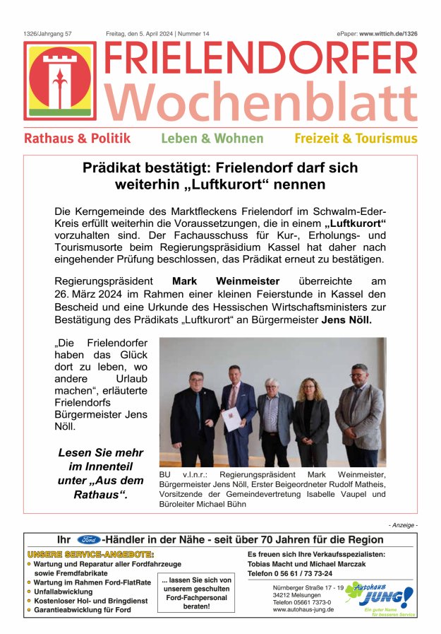 Frielendorfer Wochenblatt Titelblatt 14/2024