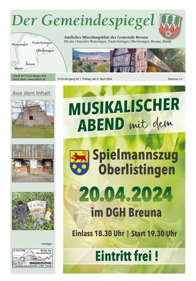Der Gemeindespiegel (Breuna) Titelblatt 14/2024