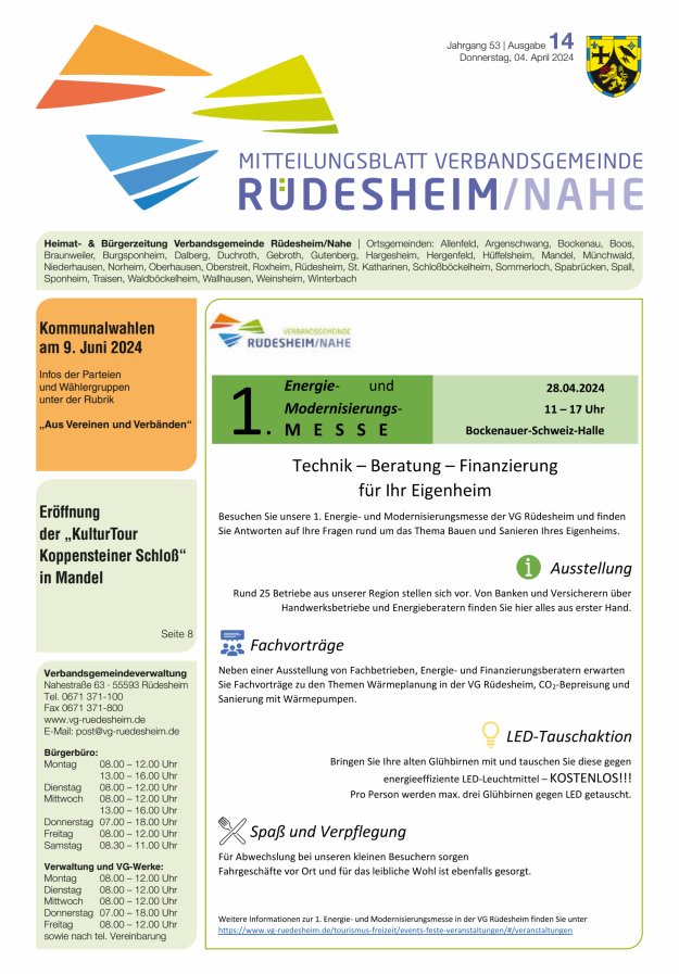 Mitteilungsblatt Verbandsgemeinde Rüdesheim und zugehörige Ortsgemeinden Titelblatt 14/2024