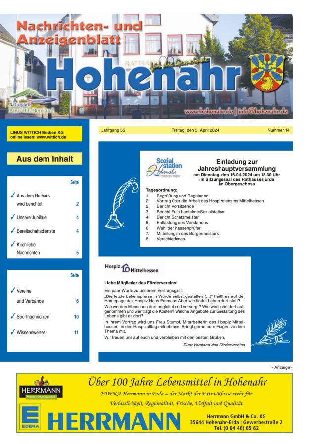 Nachrichten- und Anzeigenblatt für die Gemeinde Hohenahr Titelblatt 14/2024