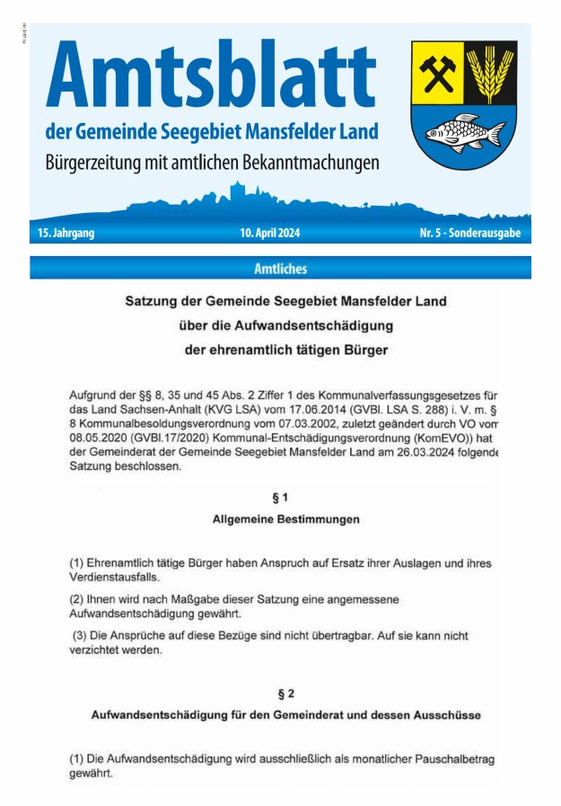 Amtsblatt der Gemeinde Seegebiet Mansfelder Land Titelblatt 05/2024