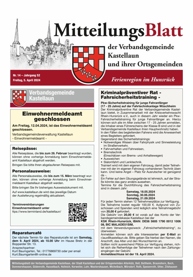 Mitteilungsblatt Kastellaun Titelblatt 14/2024
