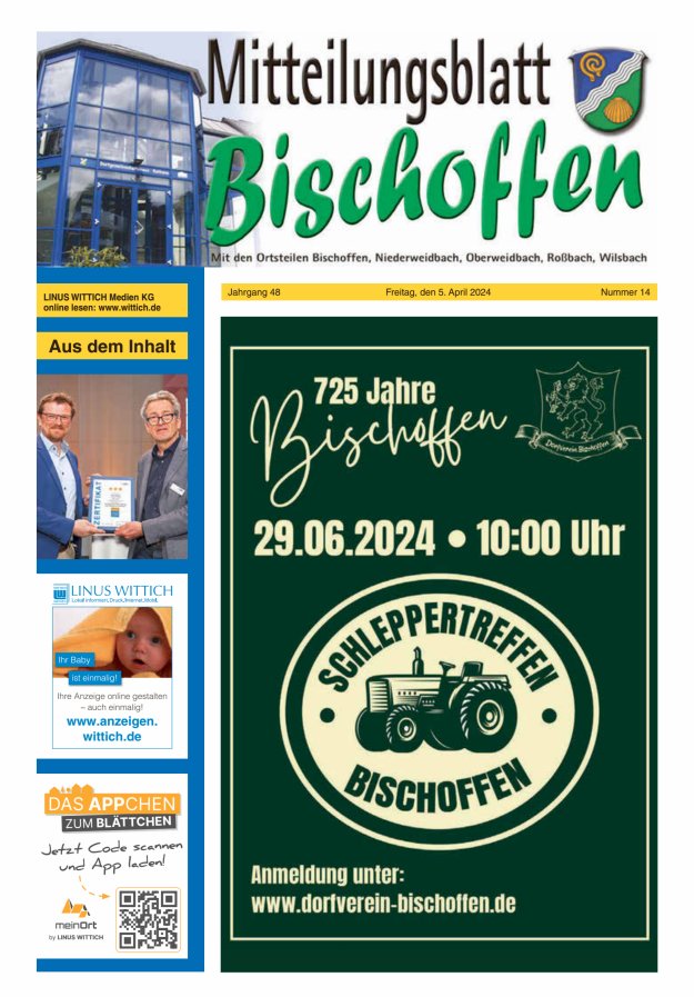 Mitteilungsblatt für die Gemeinde Bischoffen Titelblatt 14/2024