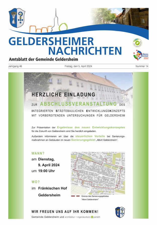 Geldersheimer Nachrichten Amtsblatt der Gemeinde Geldersheim Titelblatt 14/2024