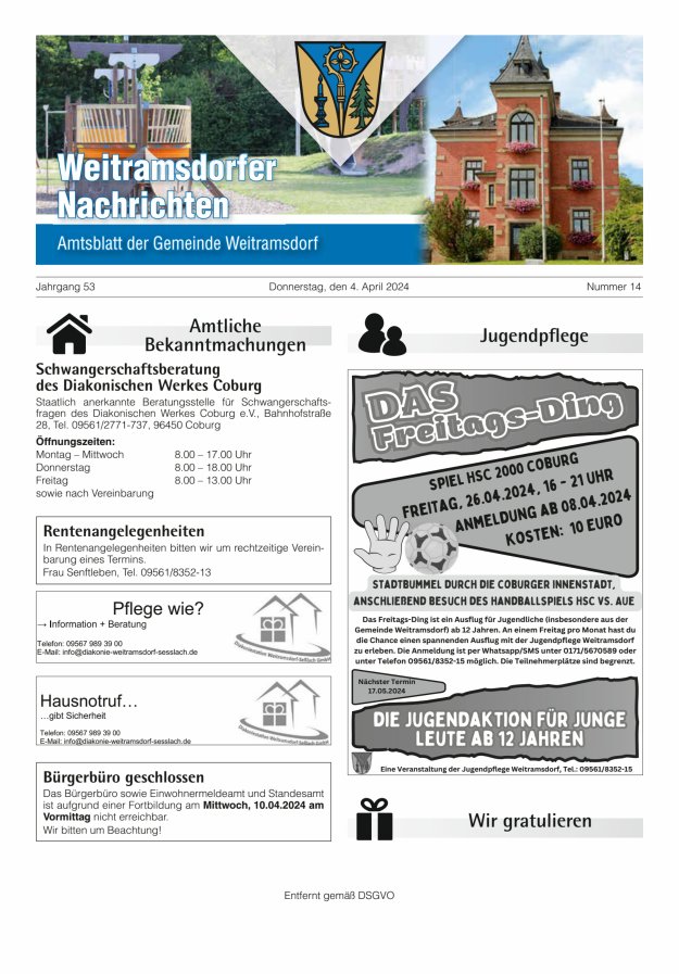 Weitramsdorfer Nachrichten Titelblatt 14/2024