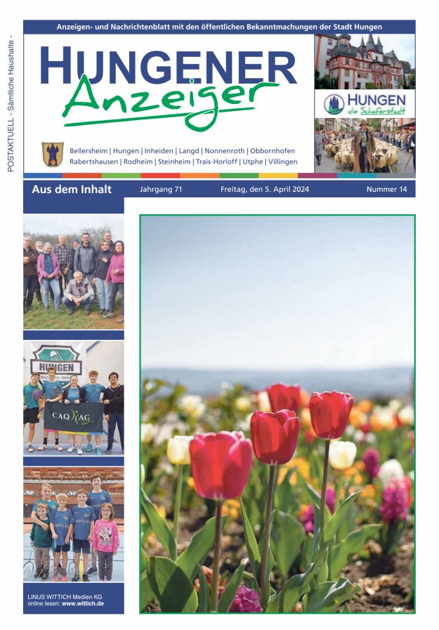 Anzeigen- und Nachrichtenblatt mit den öff  Bekanntmachungen der Stadt Hungen Titelblatt 14/2024