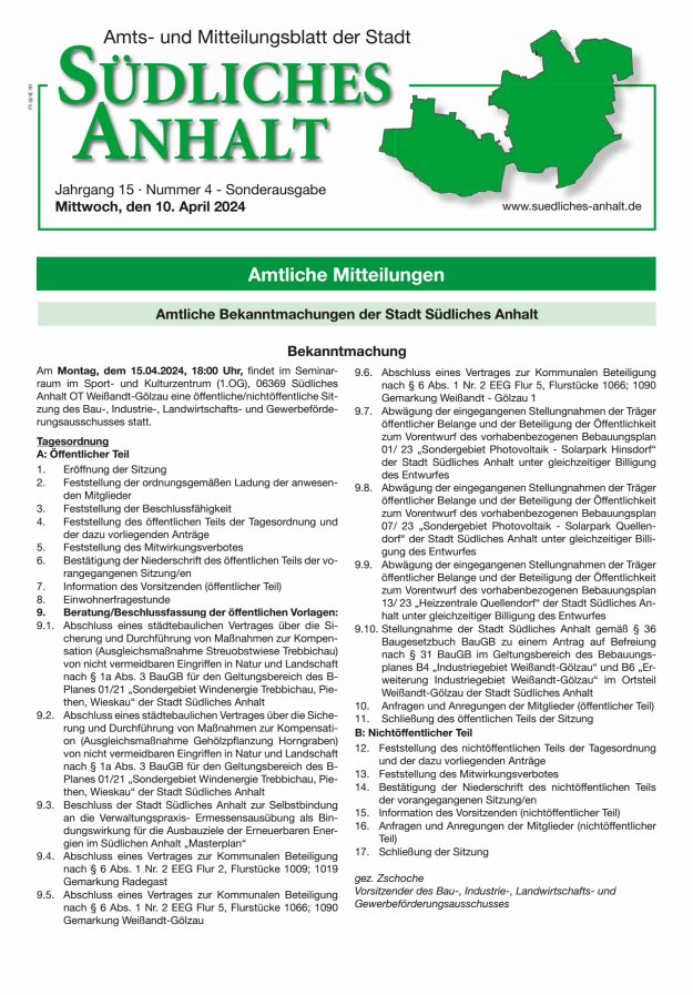 Amts- und Mitteilungsblatt der Stadt Südliches Anhalt Titelblatt 04/2024