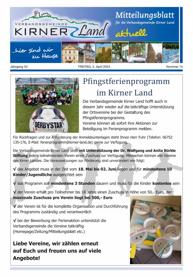 Mitteilungsblatt für den Bereich der Verbandsgemeinde Kirner Land Titelblatt 14/2024