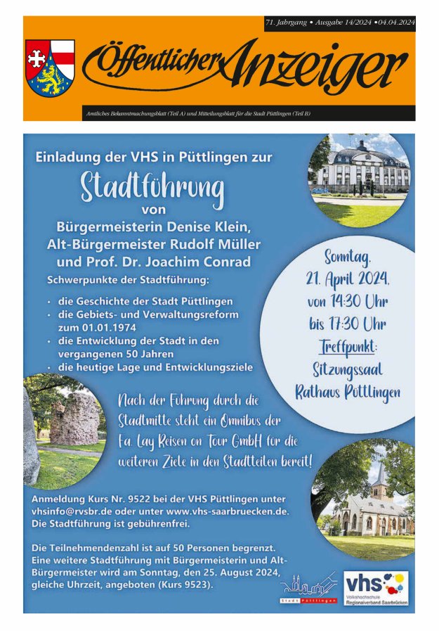 Öffentlicher Anzeiger - Stadt Püttlingen Titelblatt 14/2024
