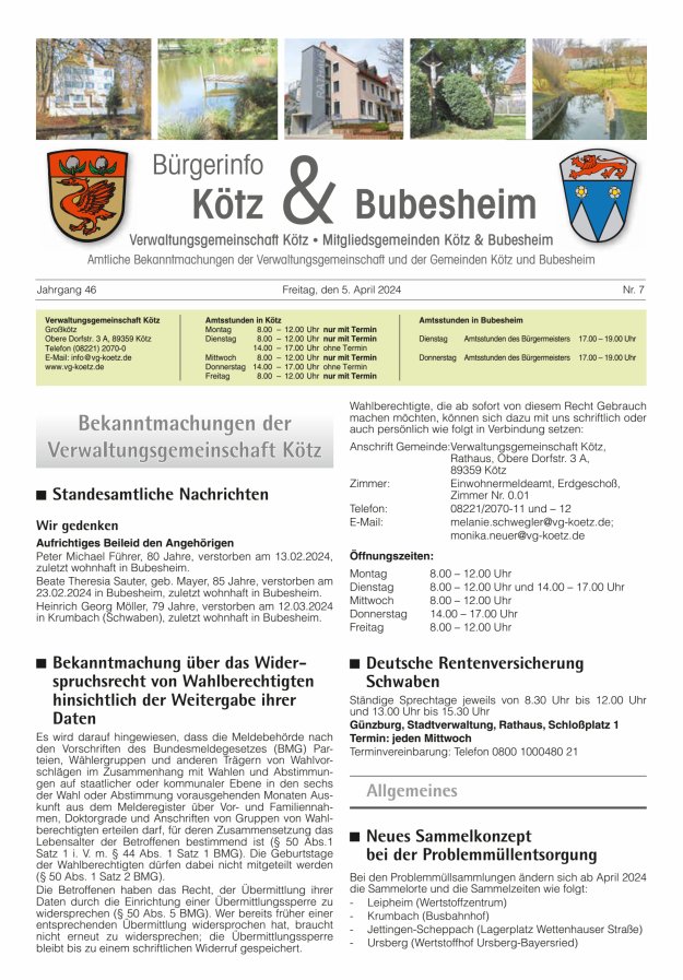 Amtsblatt der VG Kötz und der Mitgliedsgemeinden Titelblatt 07/2024