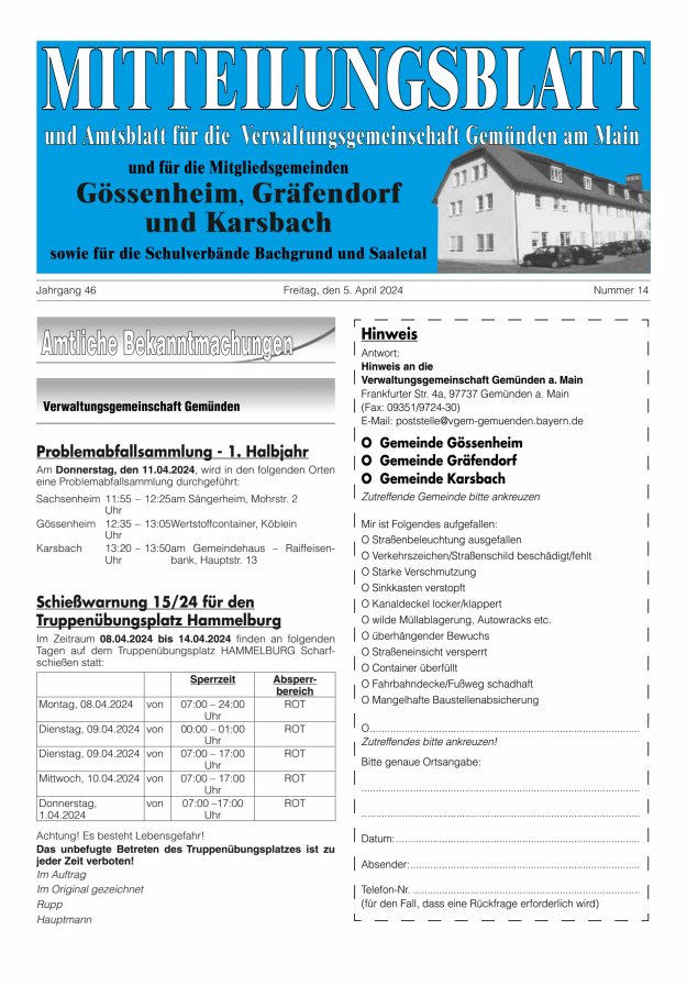 Mitteilungsblatt der VG Gemünden a Main Titelblatt 14/2024
