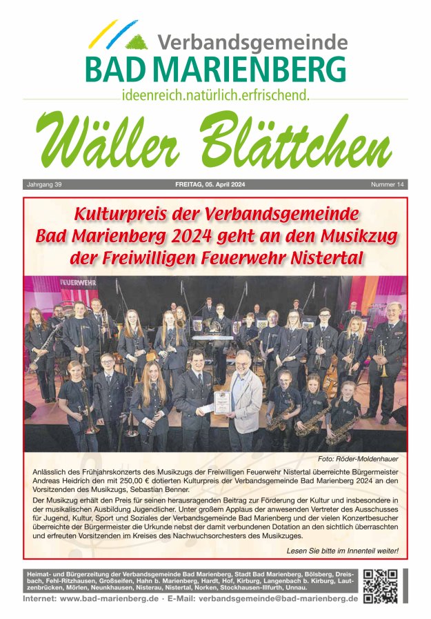 Wäller Blättchen - Verbandsgemeinde Bad Marienberg Titelblatt 14/2024