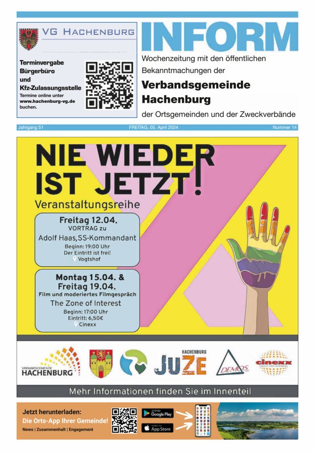 INFORM - Wochenzeitung der Verbandsgemeinde Hachenburg Titelblatt 14/2024