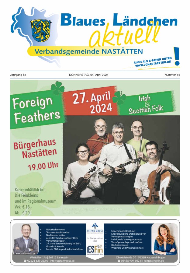 Blaues Ländchen aktuell - Heimat- u Bürgerzeitung VG Nastätten Titelblatt 14/2024