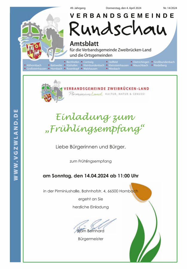 Verbandsgemeinde Rundschau Zweibrücken-Land Titelblatt 14/2024