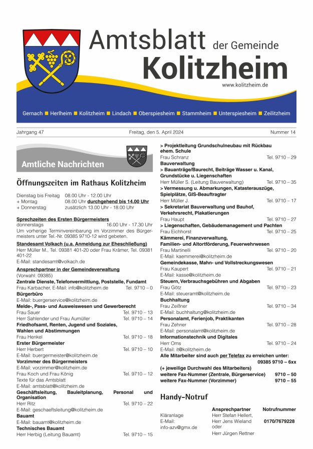 Amtsblatt der Gemeinde Kolitzheim Titelblatt 14/2024
