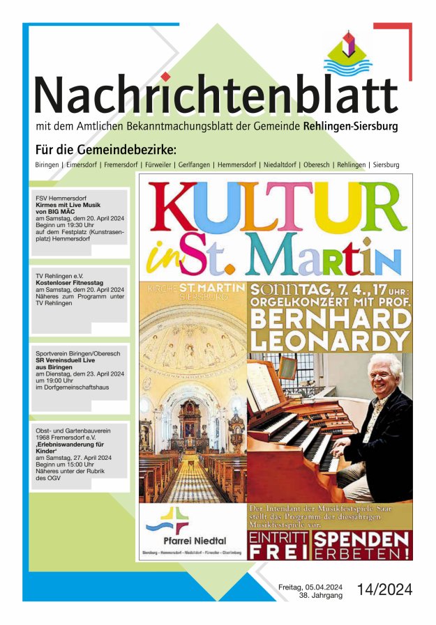 Nachrichtenblatt Rehlingen-Siersburg Titelblatt 14/2024