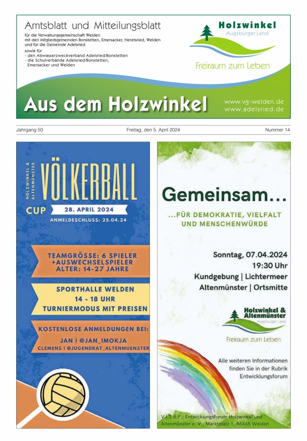 Aus dem Holzwinkel Amtsblatt u Mitteilungsblatt f VG Welden u GemAdelsried Titelblatt 14/2024