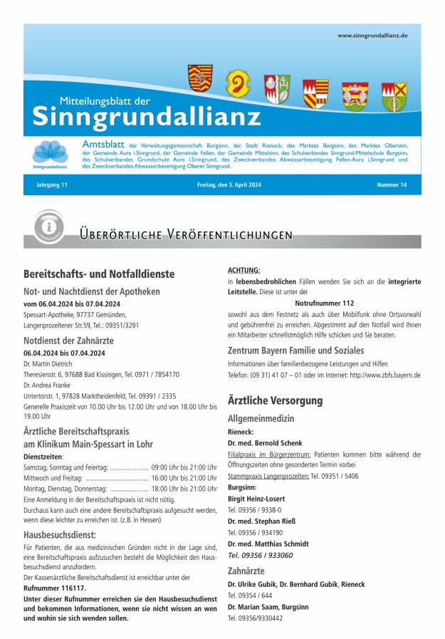 Mitteilungsblatt der Sinngrundallianz Titelblatt 14/2024