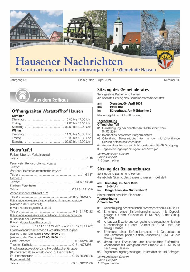 Hausener Nachrichten Titelblatt 14/2024