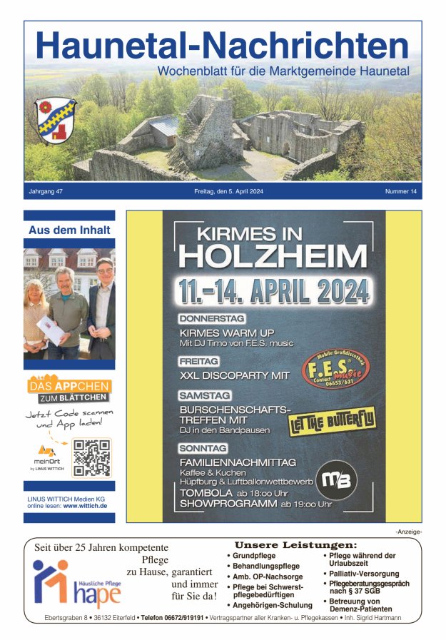 Haunetal-Nachrichten Titelblatt 14/2024