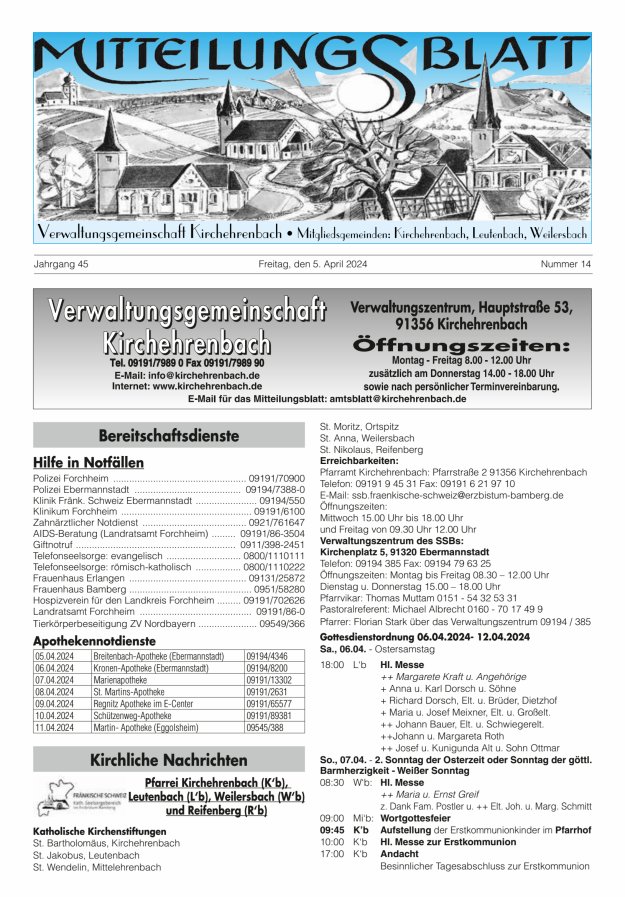 Mitteilungsblatt Verwaltungsgemeinschaft Kirchehrenbach Titelblatt 14/2024