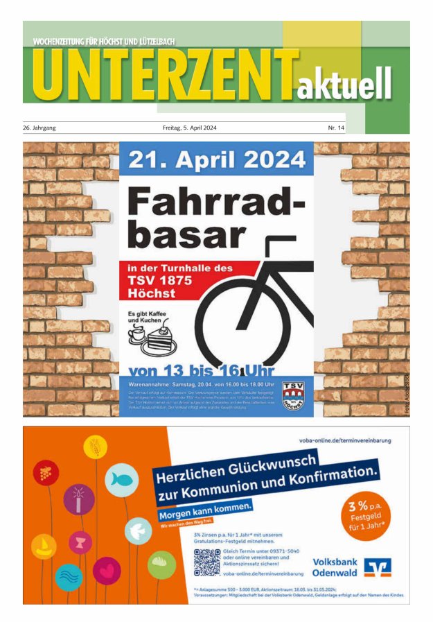 Unterzent aktuell Wochenzeitung für Höchst und Lützelbach Titelblatt 14/2024