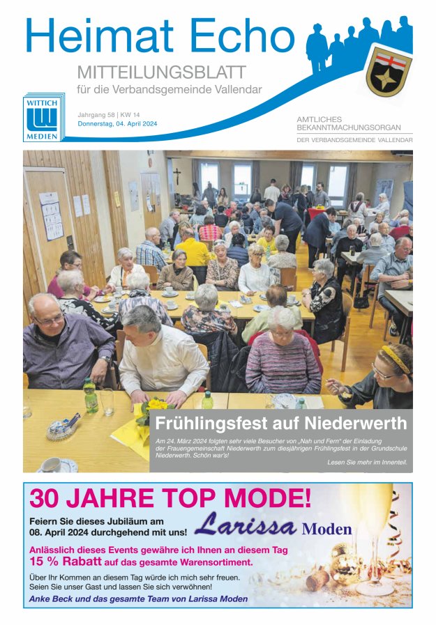 Heimat-Echo - Heimat- und Bürgerzeitung Verbandsgemeinde Vallendar Titelblatt 14/2024